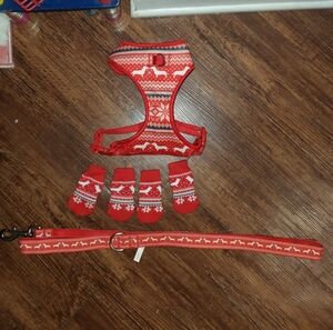 New Fair Isle Pet Christmas Print Harness Socks & Leash Set-Small